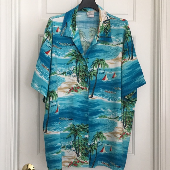 Modern Essentials Button Down Tropical Shirt 22W Blue Green Palm Short Sleeves - Picture 2 of 12